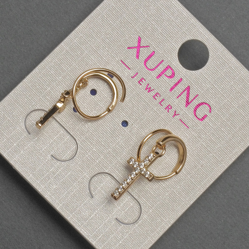 Cercei Xuping în formă de cruce, cu cristale albe, dimensiuni 7×12 mm, lungime 23 mm, placare cu aur 18K
