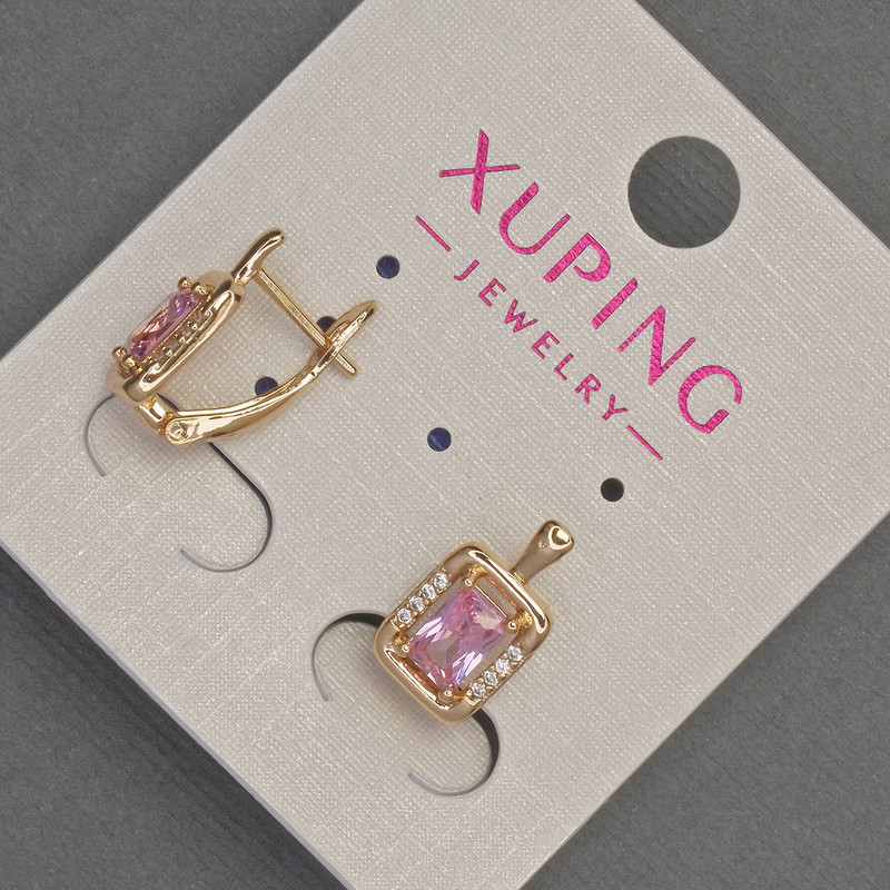 Cercei Xuping cu strasuri albe și cristal roz, diametrul 8 mm, lungimea 14 mm, placare cu aur 18K