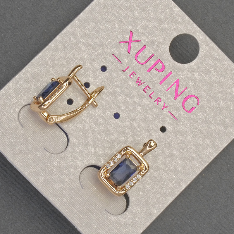 Cercei Xuping cu strasuri albe și cristal albastru, diametrul aproximativ 8 mm, lungimea aproximativ 14 mm, placare cu aur 18K