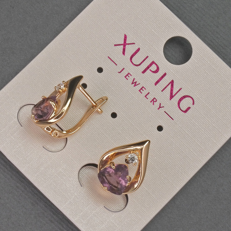 Cercei Xuping cu pietre albe și cristal mov, diametrul de 11 mm, lungimea de 16 mm, placare cu aur 18K