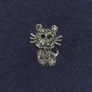 Broșă Pisică cu strasuri albe și negre, metal argintiu 11x15 mm+