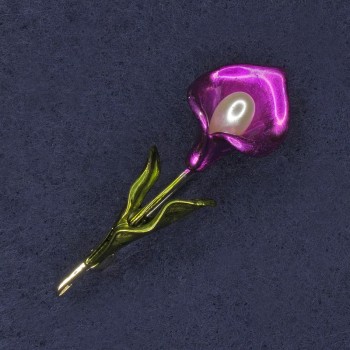 Брошка Кала перлина рожева та зелена емаль золотистий метал 17х54мм+