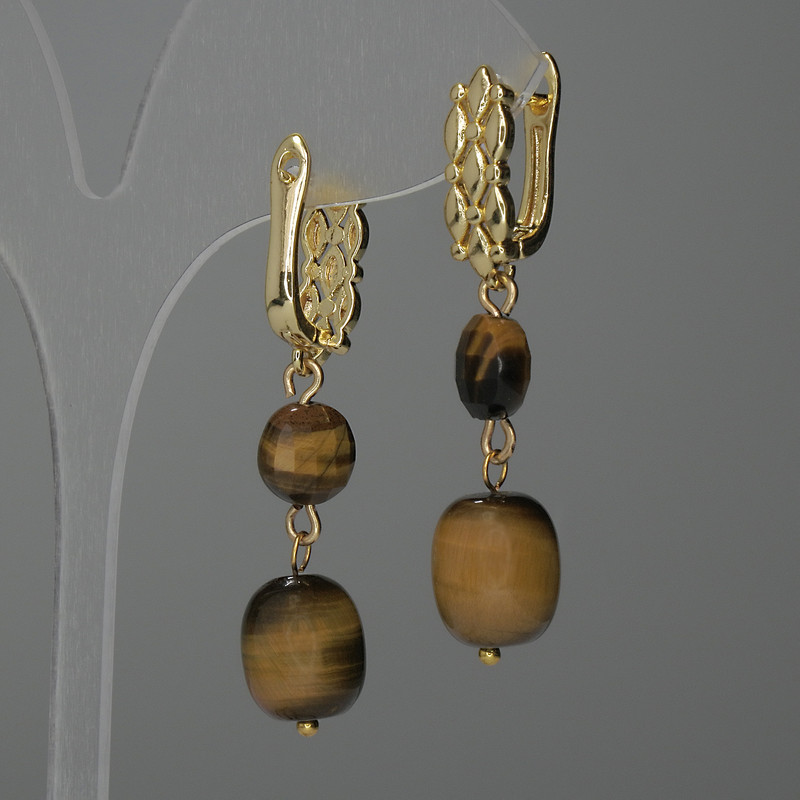 Cercei cu ochi de tigru, formă baril, diametru 12x10 mm ±, monedă de 8 mm ±, lungime 44 mm ±