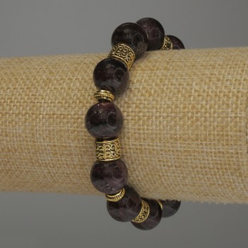 Brățară din granat cu bile netede, diametru aproximativ 12 mm, cu inserții metalice, lungime 18 cm, pe bază elastică
