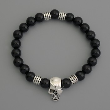 Brățară din agat (mărgele presate), diametrul de aproximativ 10 mm, cu inserții metalice, lungime 18 cm, elastic