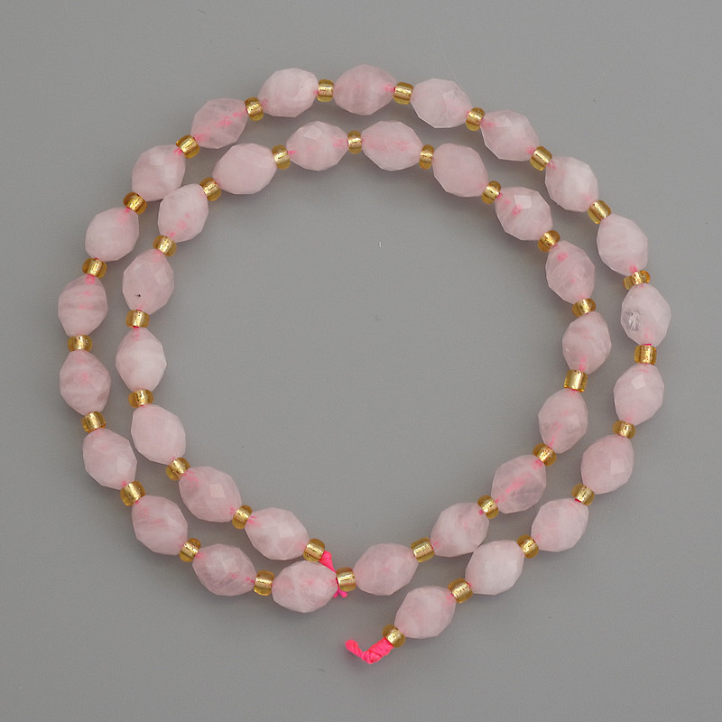 Mărgele din piatră naturală cuarț roz, tăiate în formă de bob, diametru 8×6 mm +/- cu mărgele de 3 mm +/-, lungime 38 cm +/-