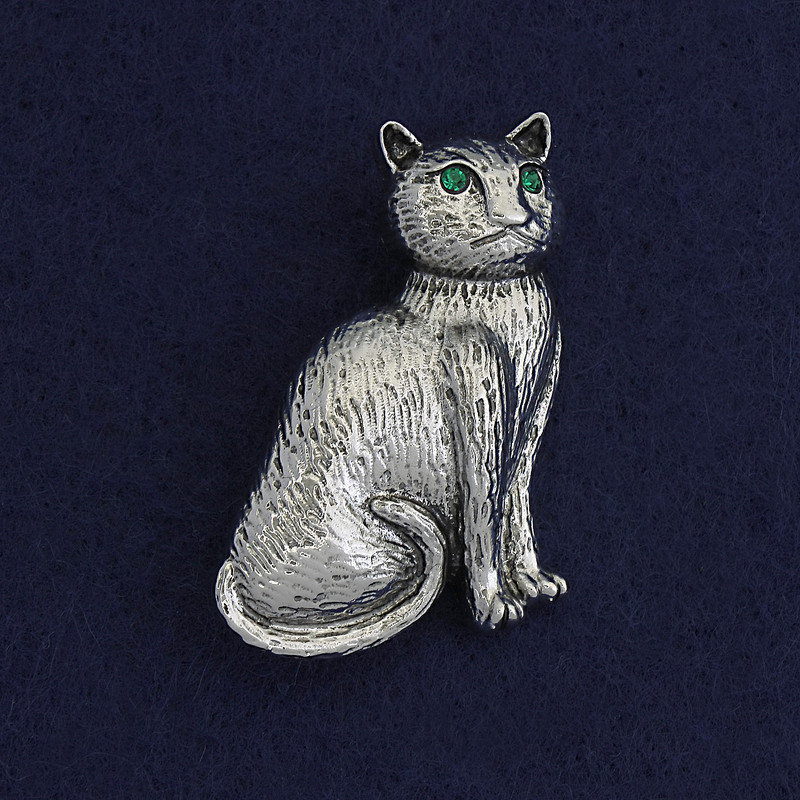 Broșă-pandantiv Pisică, cu cristale verzi, culoare argintiu închis, metal argintiu, 45×23 mm+