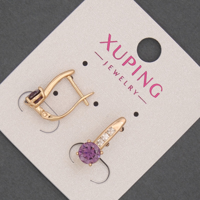 Cercei Xuping cu cristale albe și cristal mov, diametrul de aproximativ 6 mm, lungimea de aproximativ 17 mm, placare cu aur 18K