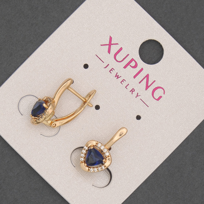 Cercei Xuping cu pietre albe și cristal albastru, diametrul aproximativ 9 mm, lungimea aproximativă 16 mm, placare cu aur 18K
