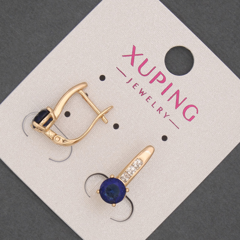 Cercei Xuping cu strasuri albe și cristal albastru, diametrul de 6 mm, lungimea 17 mm, placare cu aur 18K