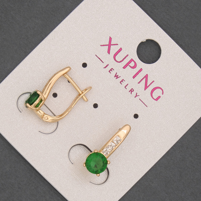Cercei Xuping cu strasuri albe și cristal verde, diametrul 6 mm ±, lungimea 17 mm ±, placare cu aur 18K