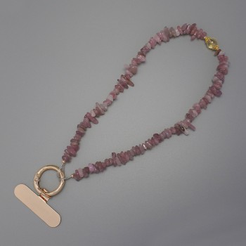 Breloc cu lanț – suport pentru telefon, cuart căpșună fragmente 7-15 × 2-4 mm, inel cu diametrul de 24 mm, lungime 24 cm