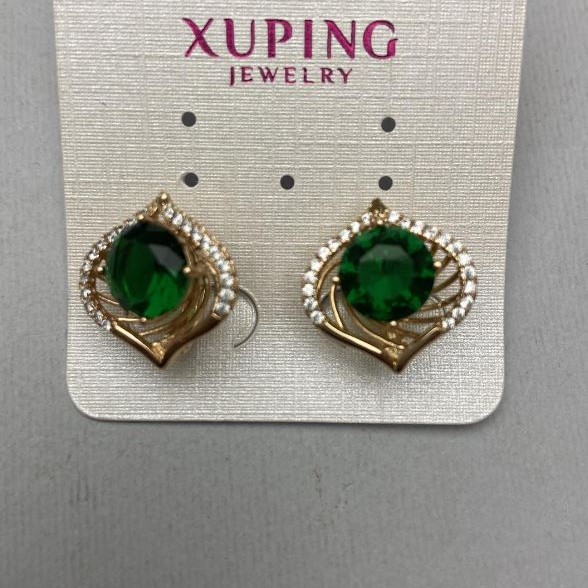 Cercei Xuping cu strasuri albe și cristal verde, diametrul de 17 mm, lungimea de 17 mm, placare aur 18K