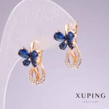 Cercei Xuping cu placare aur 18K, cu pietre albastre și cristale albe, 20x11 mm