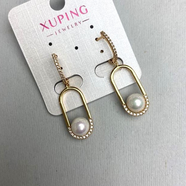 Cercei Xuping cu strasuri albe și perlă Mallorca, diametrul aproximativ 8 mm, lungime aproximativă 40 mm, placare aur 18K