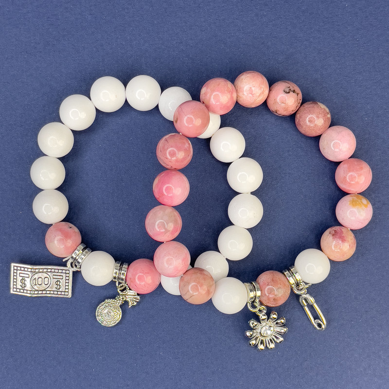 Set brățări din agată albă (mărgele presate), diametrul 10 mm ±, rodochrozit mărgele, diametrul 10 mm ±, lungime 18 cm ±, șnur elastic