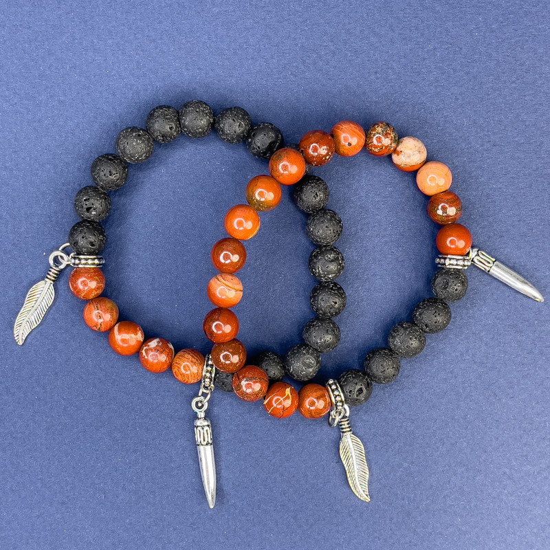 Set de brățări din lava vulcanică și jasper roșu, mărgele de 8 mm, lungime 18 cm, bază elastică