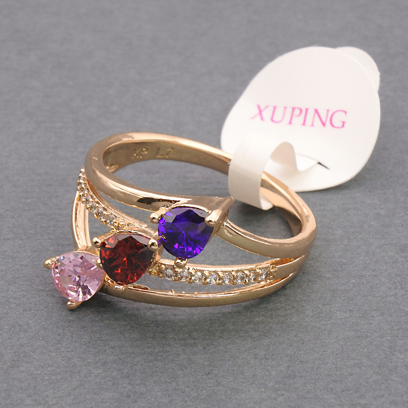 Inel Xuping, culoare metalică aurie, cristale multicolore, mărimi 16, 17, 18, 19