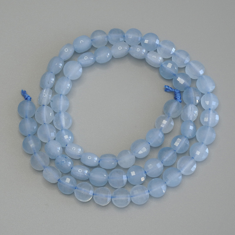 Mărgele din acvamarin, formă de monedă facetată, diametrul 6 mm, lungimea 39 cm, pe șnur