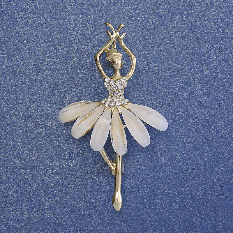 Broșă-colier balerină cu cristale albe, metal auriu, 50×28 mm