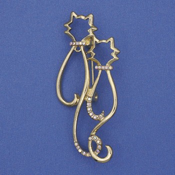 Broșă „Pisici” cu strasuri curcubeu, culoare auriu mat, metal auriu, 58x26 mm+