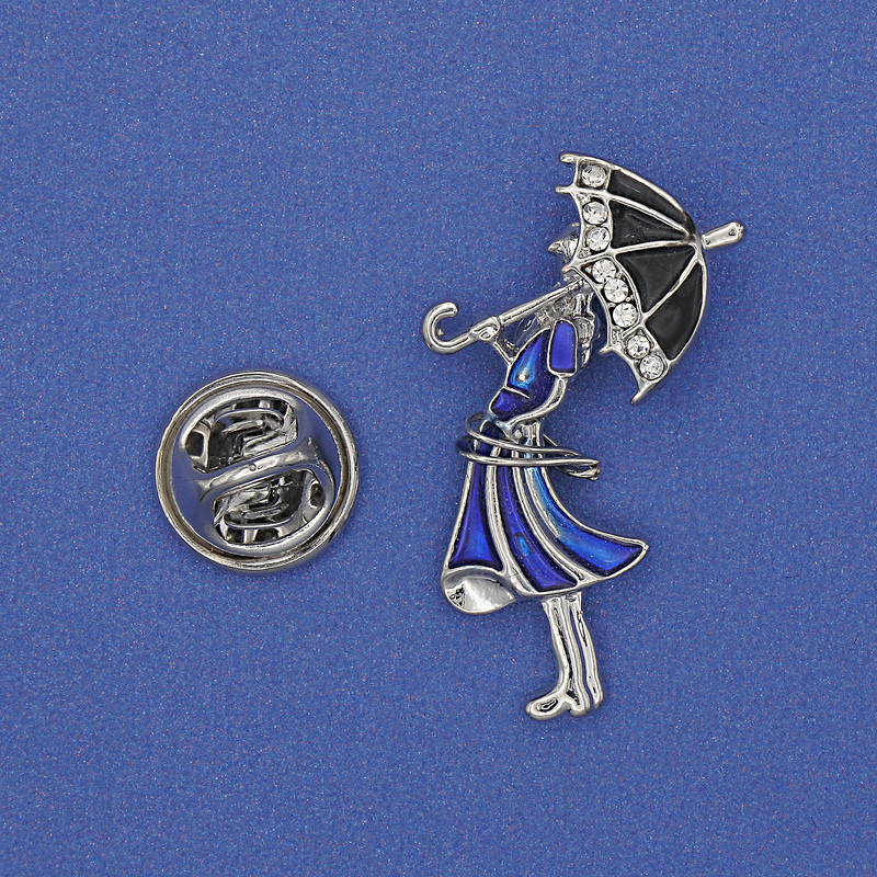 Broșă Fată cu umbrelă, cristale albe, email albastru, metal auriu, 32x16mm+