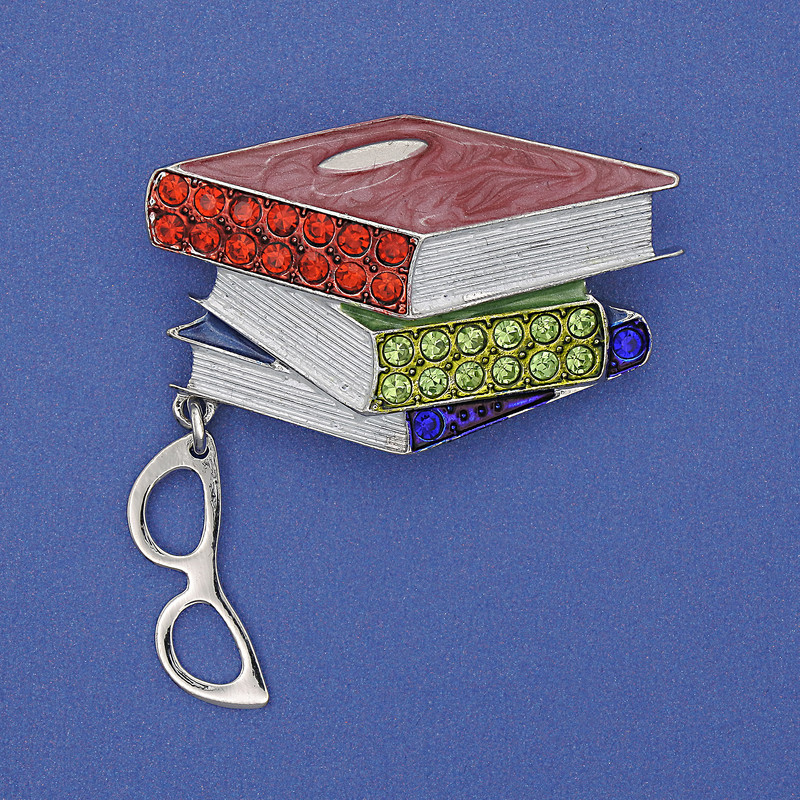 Broșă „Cărți cu ochelari” email colorat strasuri metal argintiu 45x28x48mm+