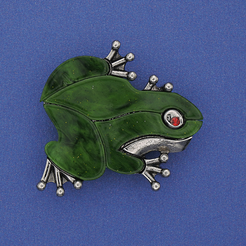 Broșă-pendentă Broască sidef verde, cu strasuri, metal argintiu, 35x34mm+