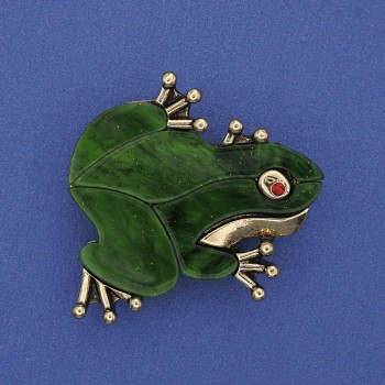 Brosă-pendulă «Broască» cu sidef verde, cristale, metal auriu, 35×34 mm