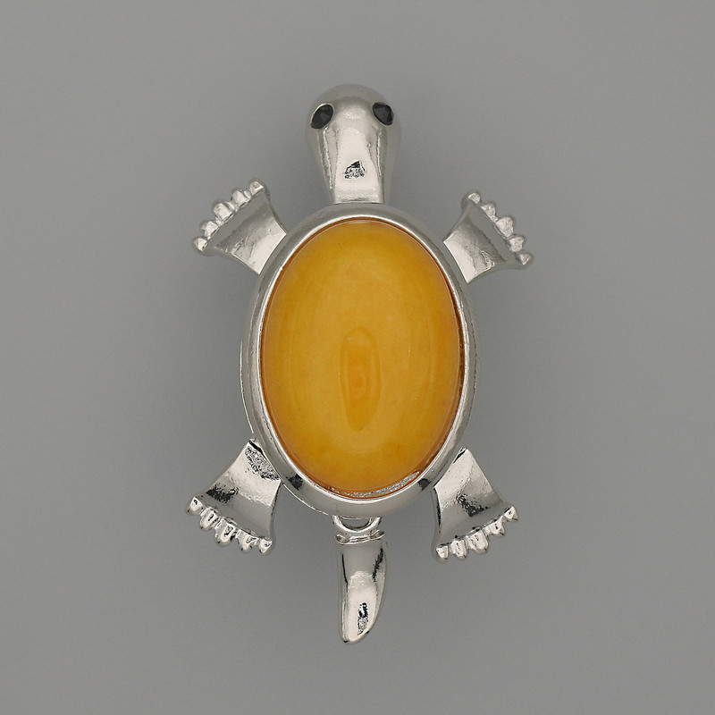 Broșă-colier Țestoasă cu chihlimbar artificial, 52x35 mm, piese mobile, metal argintiu