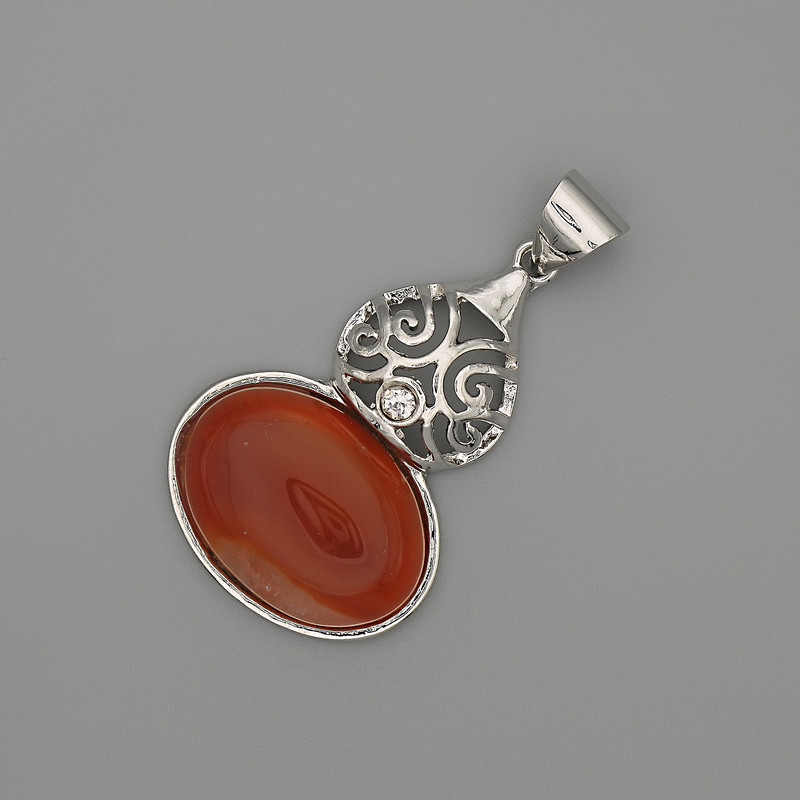 Pandantiv cabochon carneol, 50×28 mm ± metal argintiu
