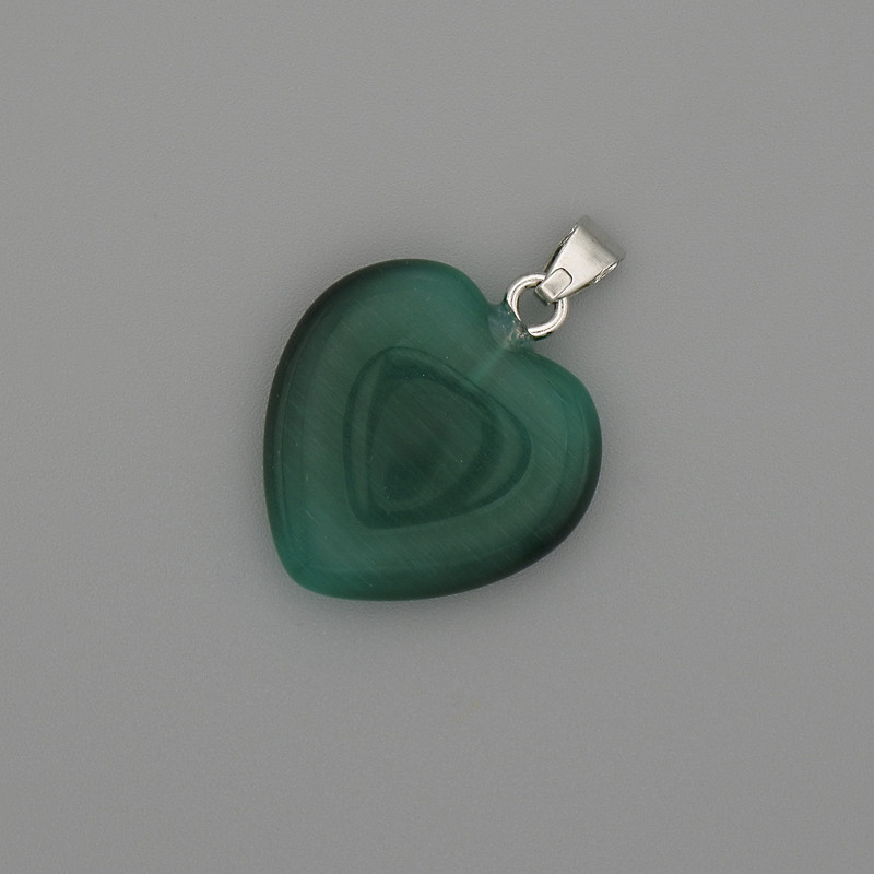 Pandantiv Inimă Verde cu Piatră ochi de pisică, metal argintiu, diametrul 20×20 mm, lungime 30 mm +/-