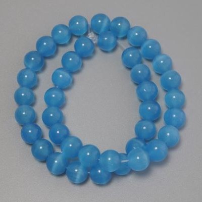 Mărgele ochi de pisică albastre, din piatră sintetică, sferice netede, diametru 9,5 mm, pe fir subțire, lungime 37 cm+