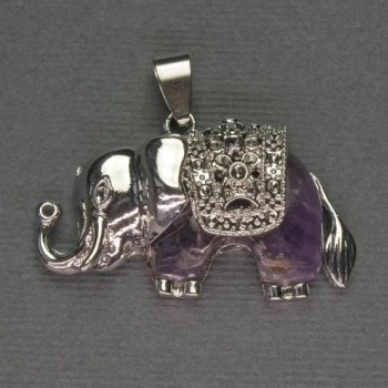 Pandantiv Elefant Ametist 39×34 mm ± metal argintiu