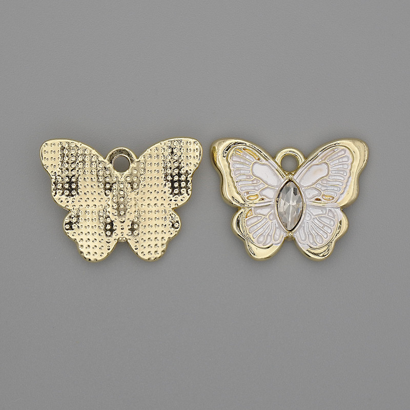 Pandantiv «Fluture» cu email alb și strasuri, metal auriu, diametru 20x15 mm, set de 2 bucăți