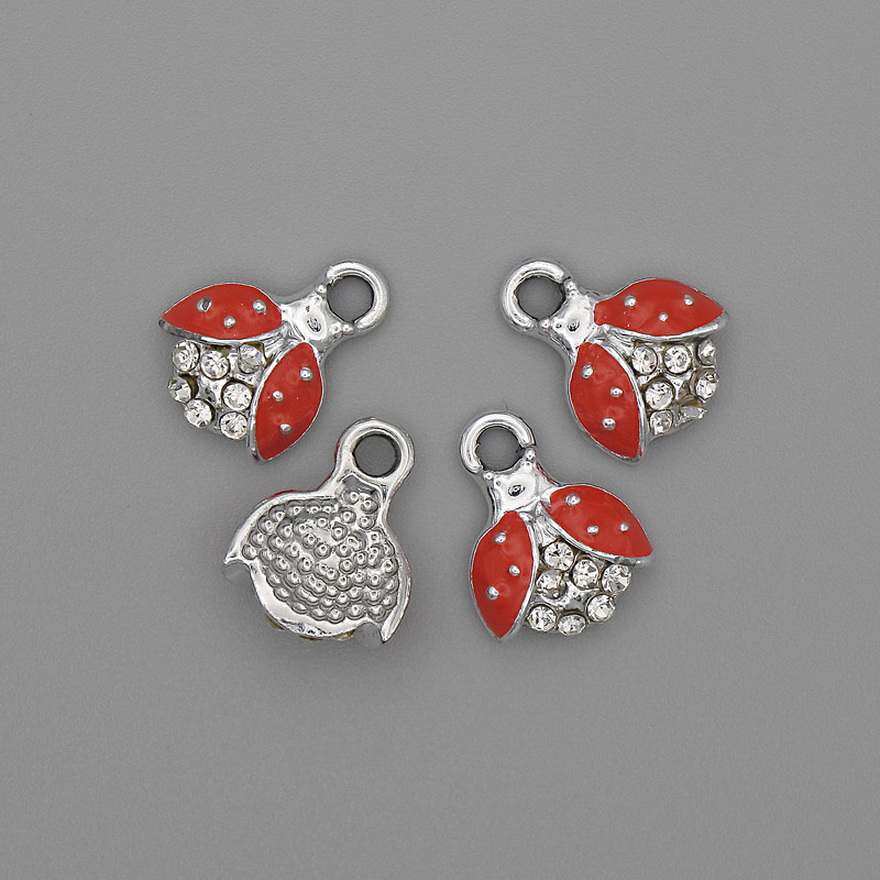 Pandantiv «Soare» cu strasuri, email roșu, metal argintiu, diametrul 10x12 mm, ambalaj 4 buc.