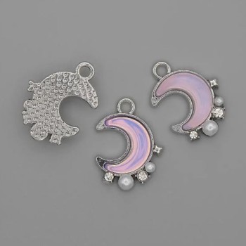Pandantiv Lună cu perle mici și strasuri, metal argintiu, diametrul de 15 mm, lungimea de 18 mm, set de 3 buc.