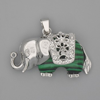 Pandantiv Elefant din malahit, 39×34 mm, metal argintiu
