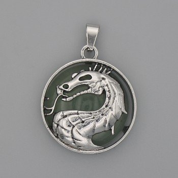 Pandantiv Dragon în cerc din nefrit, diametrul 28 mm, lungimea 38 mm, metal argintiu