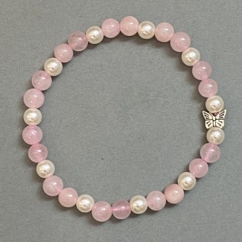 Brățară din cuarț roz și perle artificiale, mărgele netede de 6 mm, cu inserție metalică, lungime 18 cm, elastică