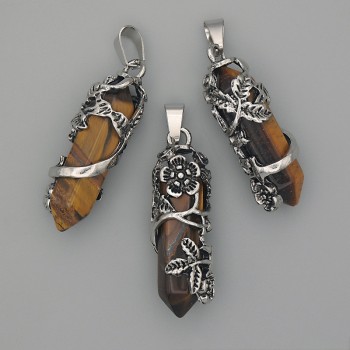 Pandantiv din ochi de tigru hexagonal cu floare, 35x15 mm, lungime 44 mm