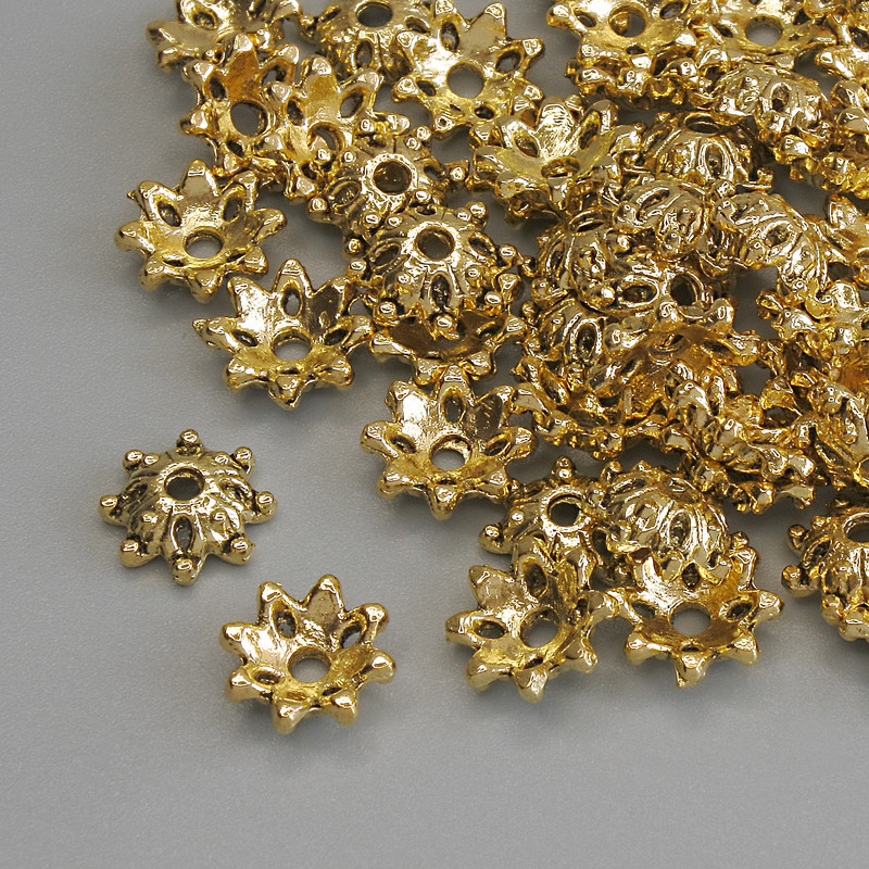 Capace pentru mărgele, culoare metal auriu, diametru 9×1 mm, gaură de aproximativ 1,7 mm, ambalaj 20 g (~59 buc.)