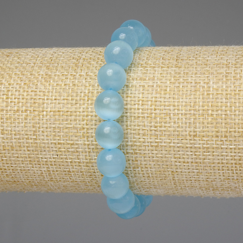 Brățară cu ochi de pisică albastru deschis, bilă netedă 10 mm, lungime 18 cm, cu elastic