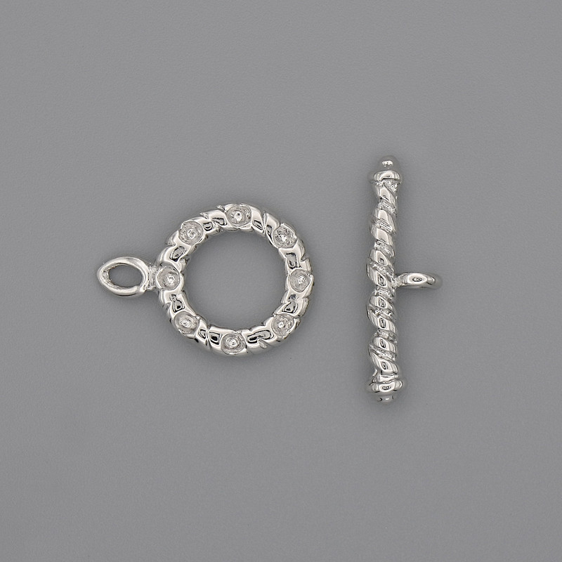 Furnitură închizătoare toggle, diametru 21×3 mm, cerc de 5 mm ±, diametrul 13 mm ±, diametrul găurii 8 mm ±, culoare metalică argintie