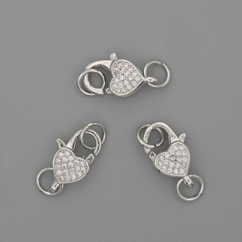 Închizătoare carabină 15x10 mm ± cu strasuri albe, metal argintiu