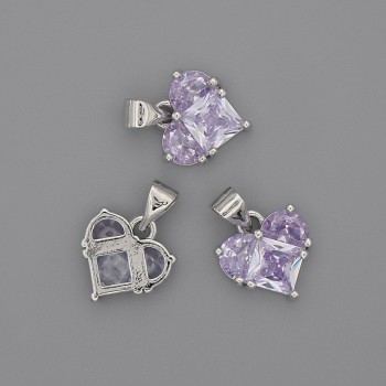 Pandantiv inimă cu cristale violete deschise, 12×12 mm, lungime 17 mm, metal argintiu