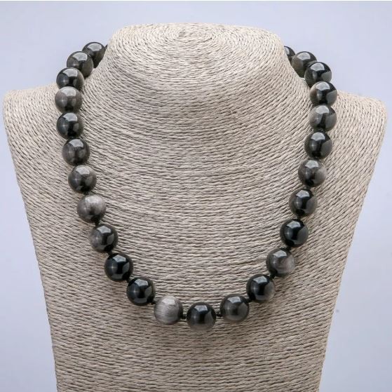 Colier din piatră naturală, obsidian argintiu, bile netede, diametrul de 14 mm, lungimea 45 cm+
