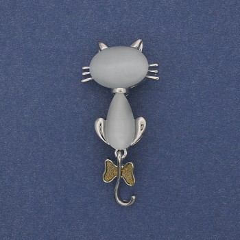 Broșă-pendantă Pisică cu ochi de pisică, metal argintiu, 49x25 mm