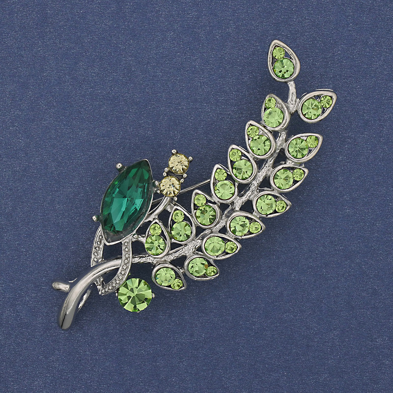 Broșă Crenguță cu strasuri colorate, metal argintiu 66×26 mm +
