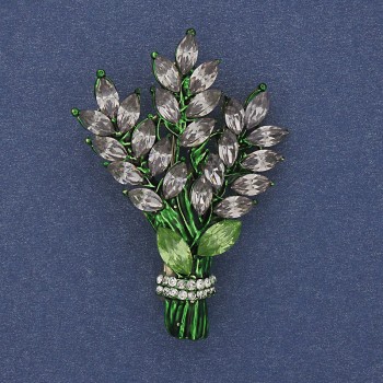 Broșă Crenguță cu strasuri violet deschis și albe, metal auriu, 43×29 mm +